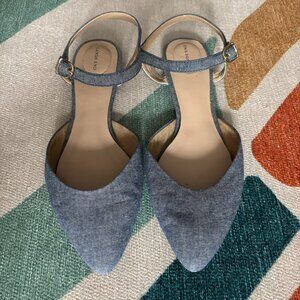 Lands' End Blue Chambray Pointed Toe Ankle Strap Flats size 7.5